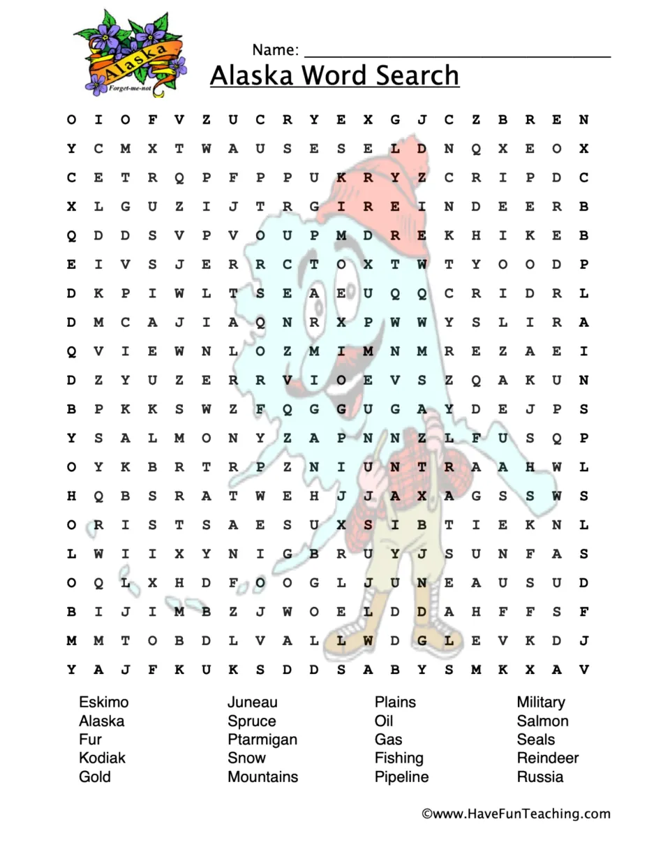 Alaska vocabulary puzzle: students find 20 hidden words such as Juneau, Kodiak, Ptarmigan, Salmon, Pipeline and Russia