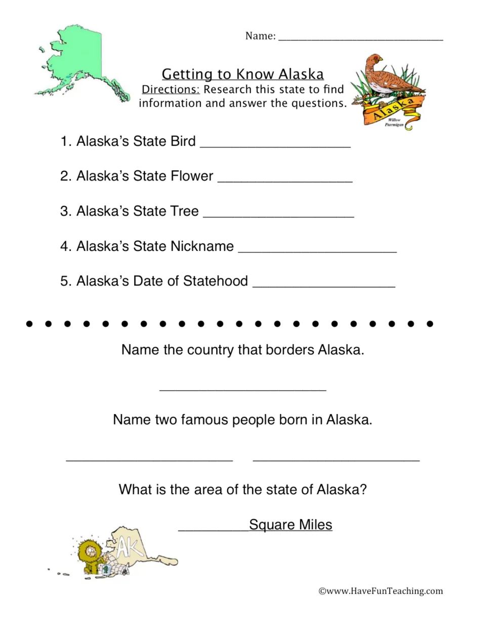 Getting to Know Alaska: students research the state bird, flower, tree, nickname, statehood date and area