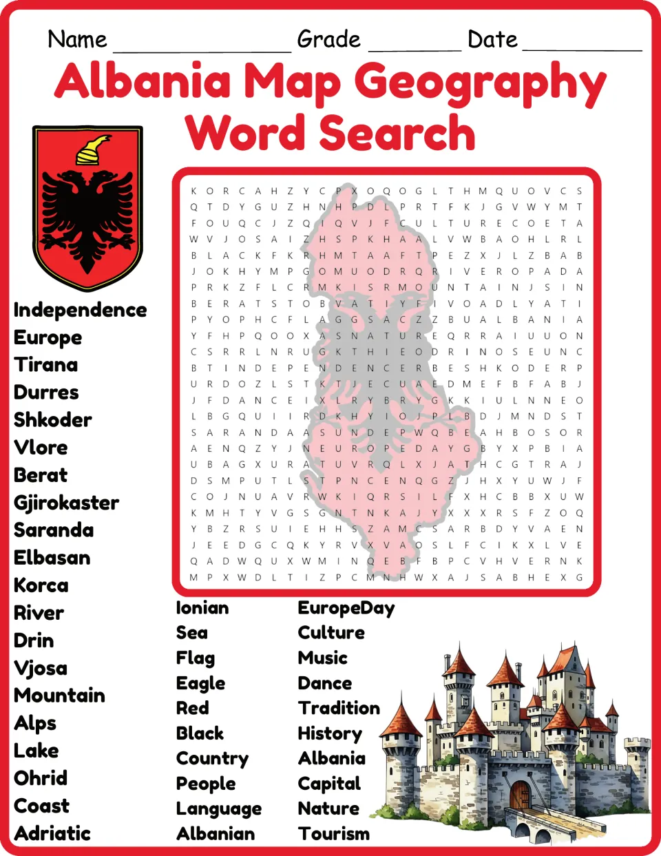 Color version of the Albania geography word search featuring Tirana, Durres, Shkoder, rivers, and seas.