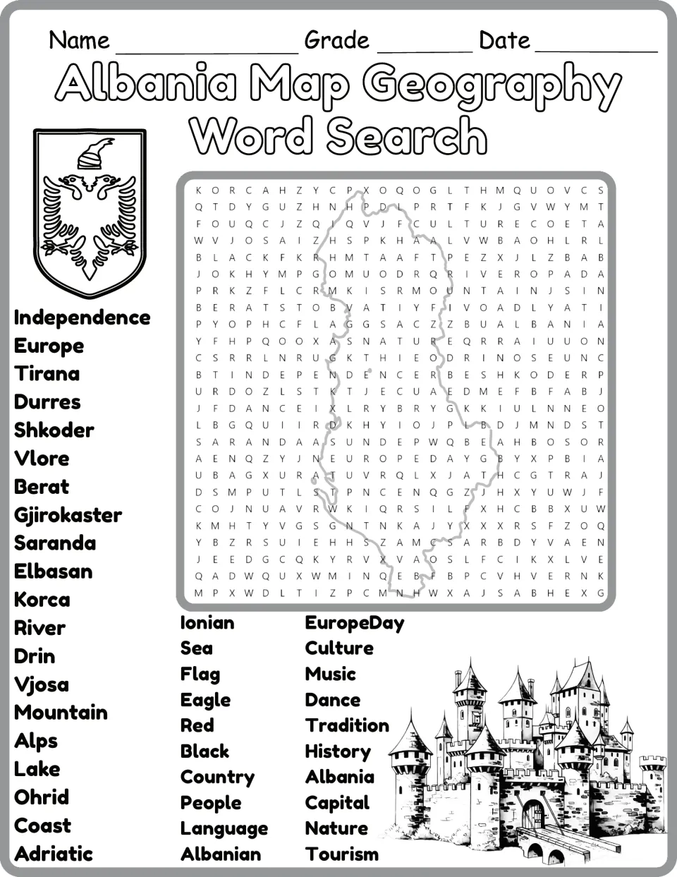 Black-and-white version of the Albania word search featuring Berat, Gjirokaster, Saranda, and Elbasan.