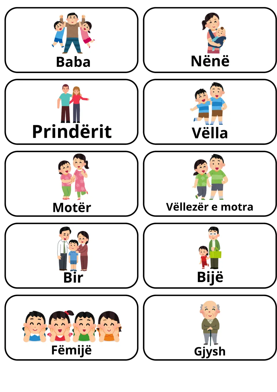 Albanian family words: 10 picture flashcards for close family, from Baba and Nënë to Vëlla, Motër, Bir, Bijë and Gjysh