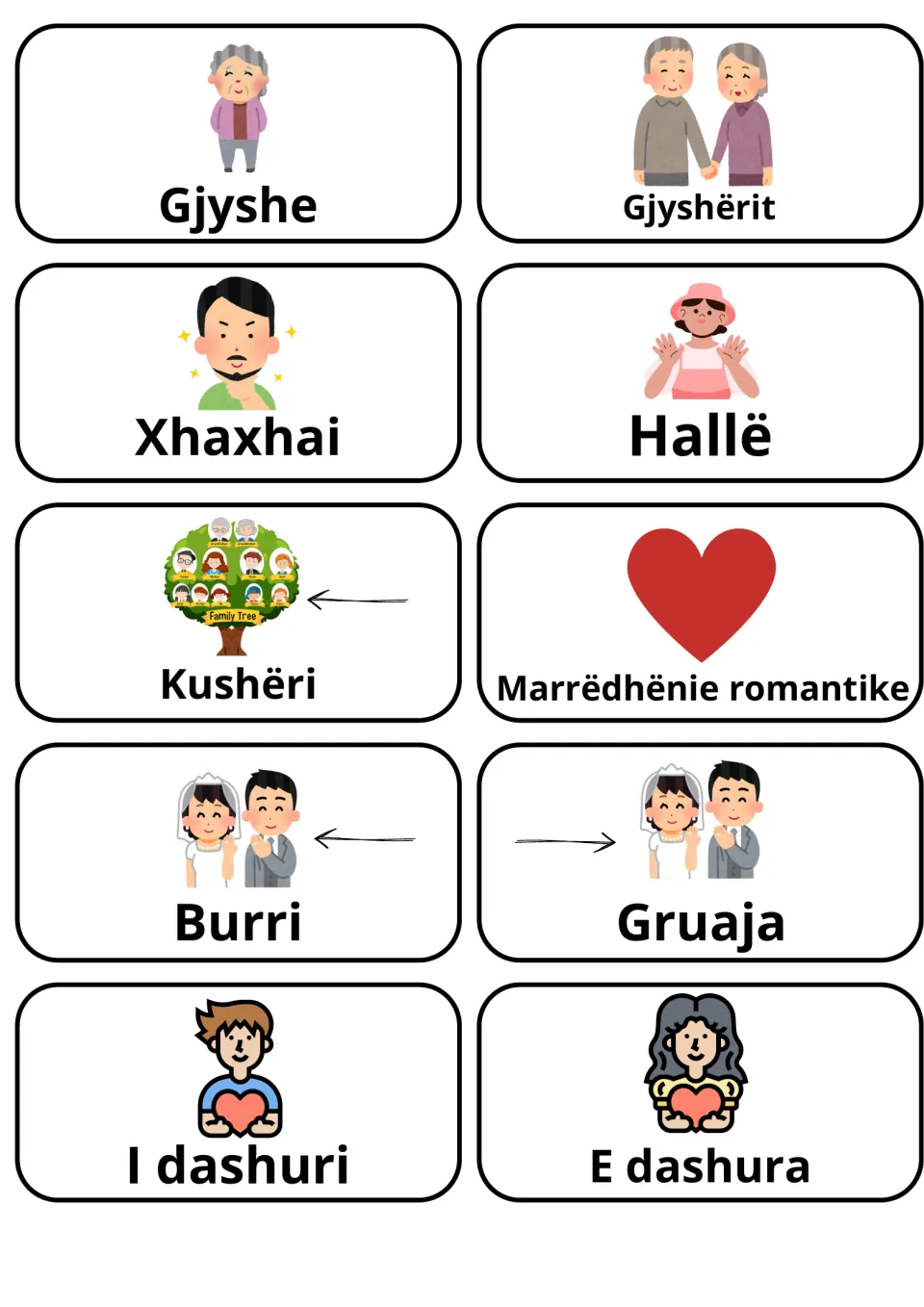 Albanian relatives and partners: 10 picture flashcards including Gjyshe, Xhaxhai, Hallë, Kushëri, Burri, Gruaja