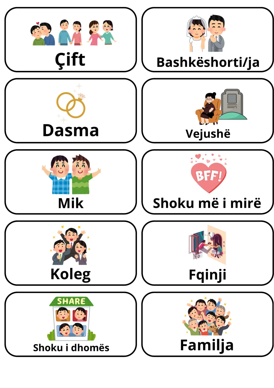 Albanian relationship words: 10 picture flashcards for Çift, Dasma, Vejushë, Mik, Koleg, Fqinji, Shoku i dhomës, Familja