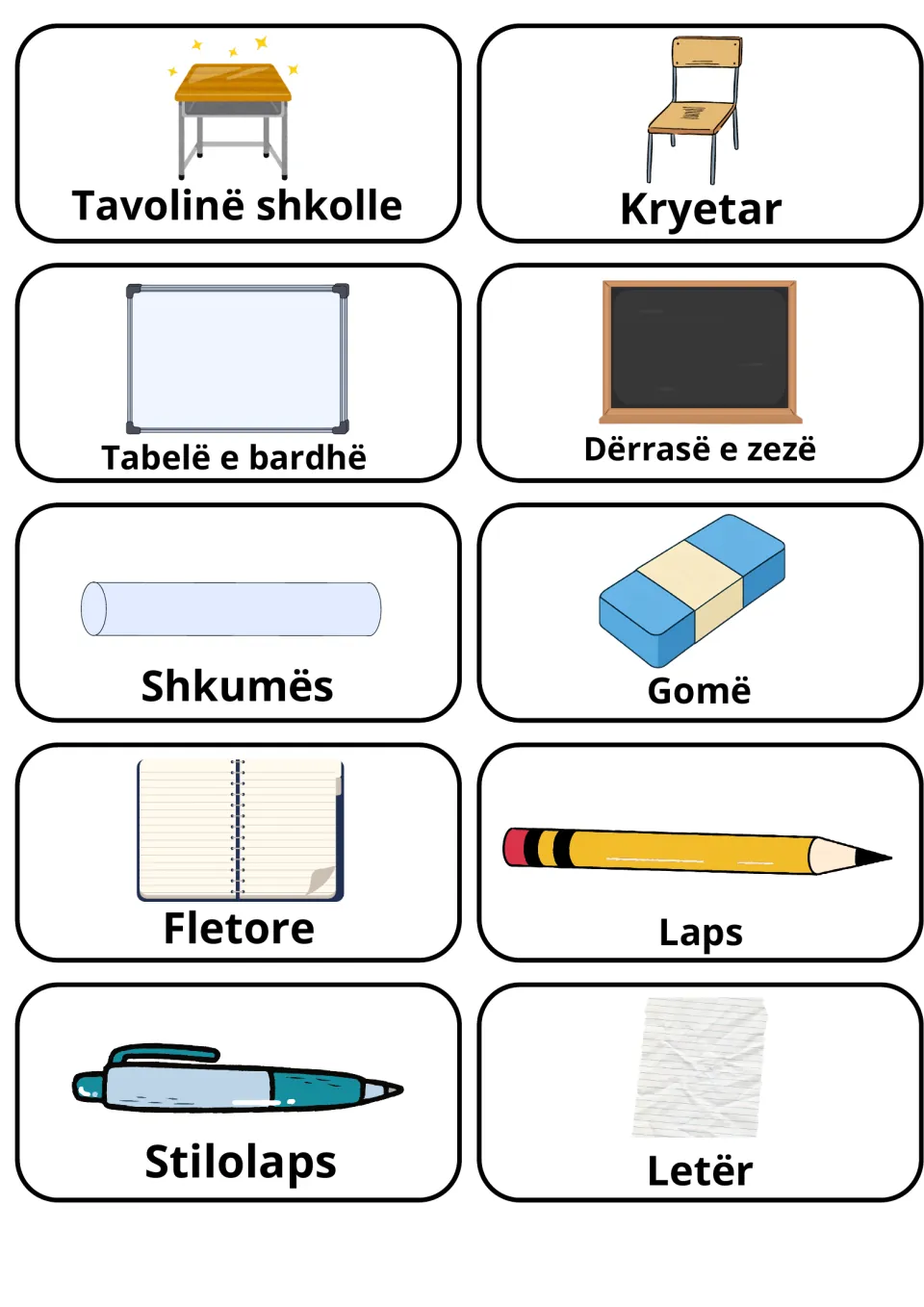 Albanian classroom objects: 10 picture cards naming items like Tavolinë shkolle, Dërrasë e zezë, Gomë, Laps and Letër