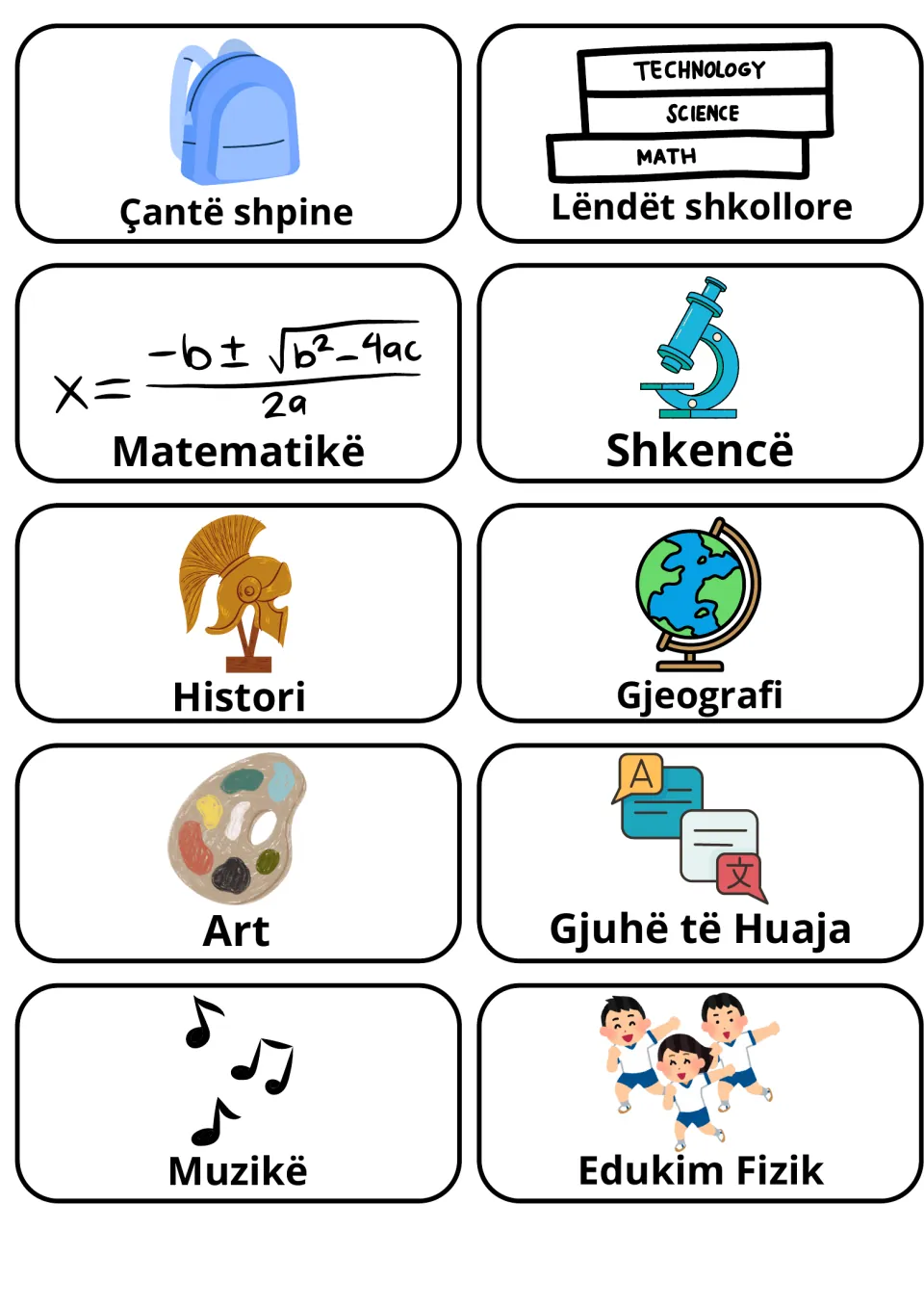 Albanian school subjects: picture cards for Matematikë, Shkencë, Histori, Gjeografi, Art, Muzikë and Edukim Fizik