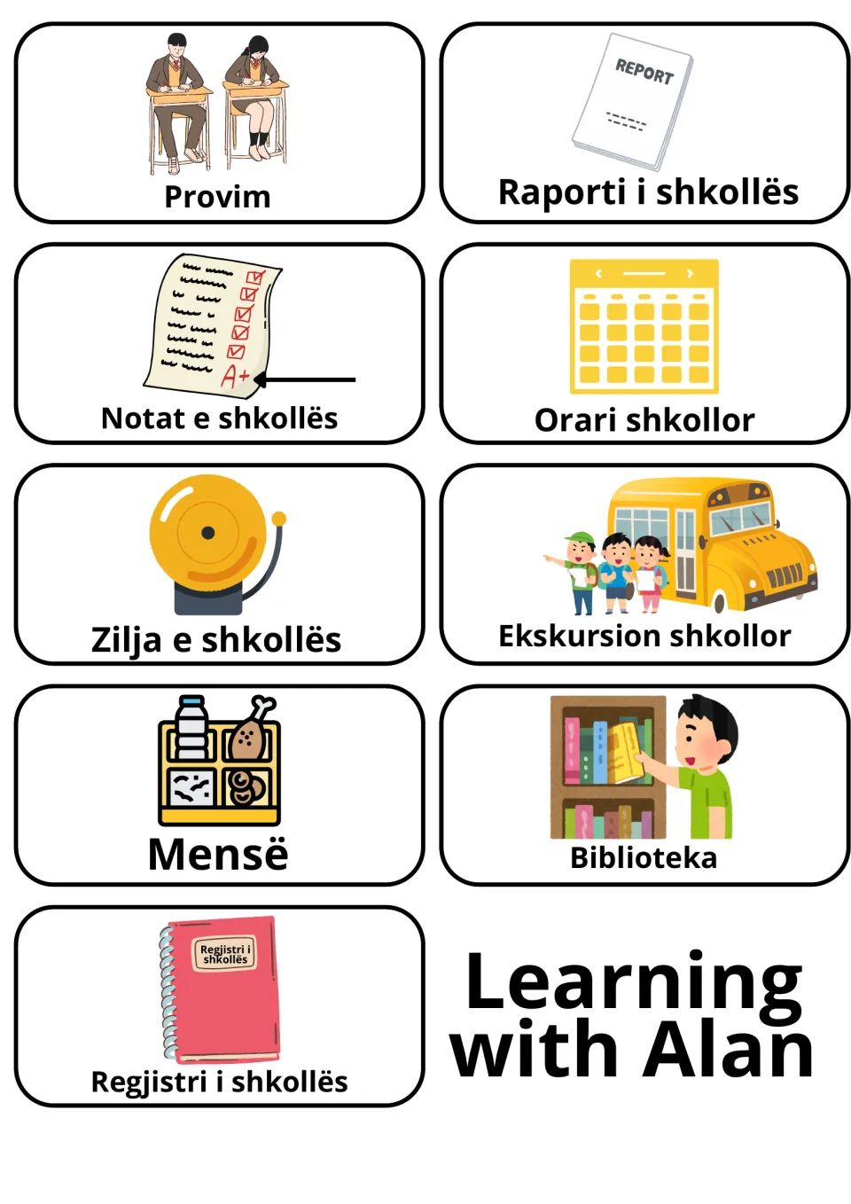 Albanian school life words: picture cards for Provim, Notat e shkollës, Zilja e shkollës, Mensë, Biblioteka and more