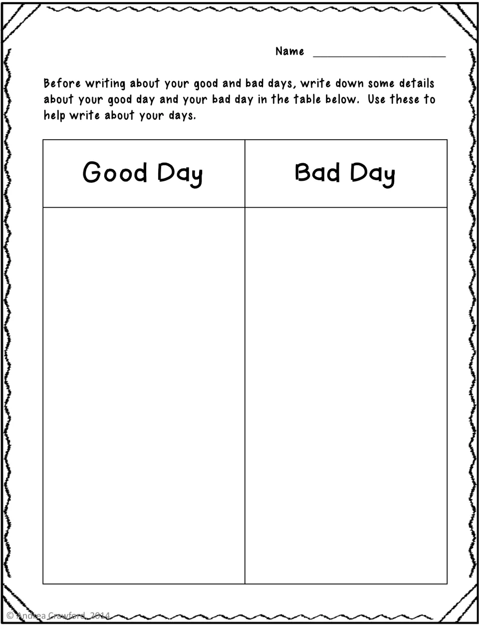 Prewriting planner: students jot details about one good day and one bad day under Good Day and Bad Day before writing