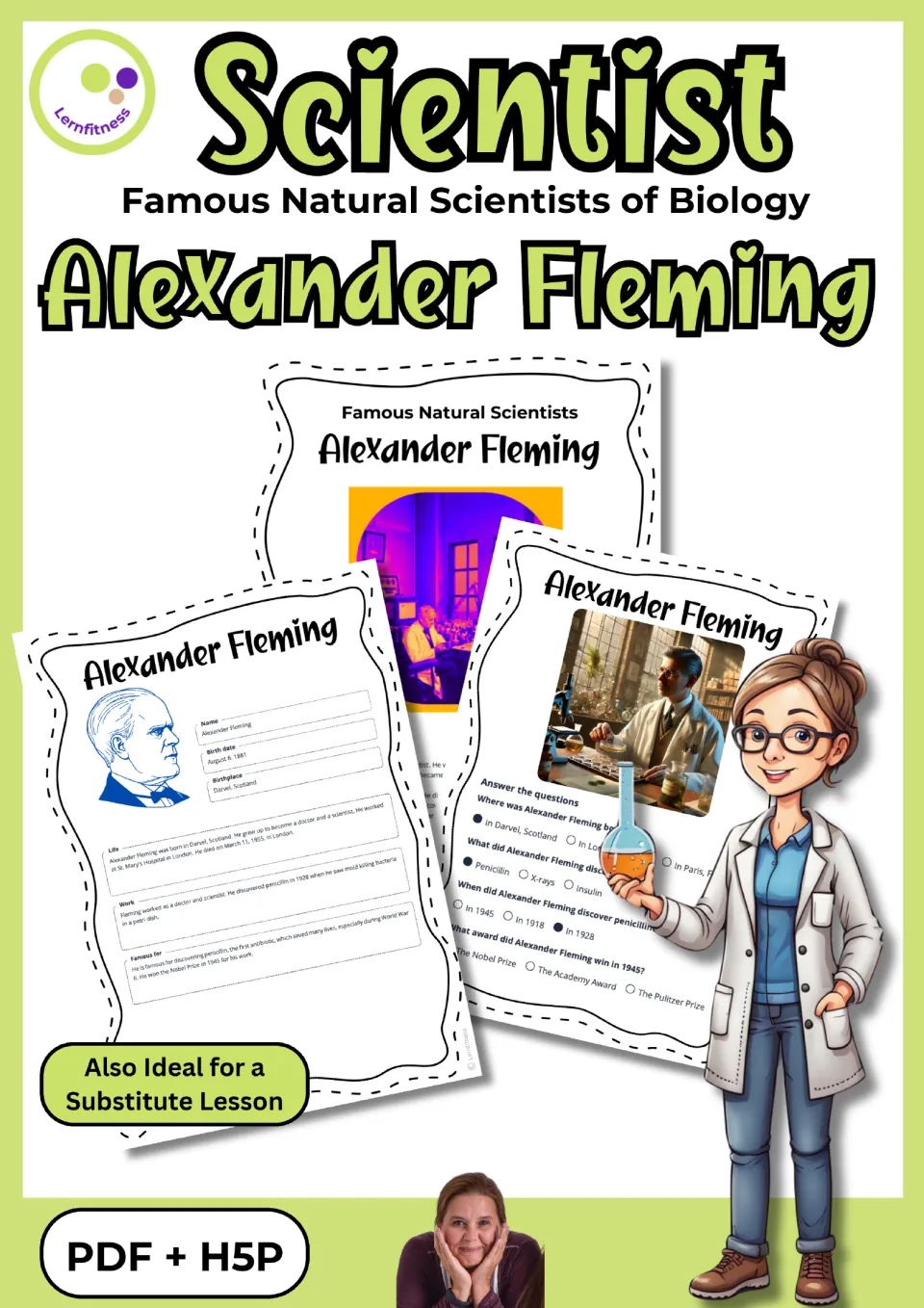 Cover: Famous Natural Scientists of Biology, Alexander Fleming, previewing fact sheet, profile and quiz pages; PDF + H5P
