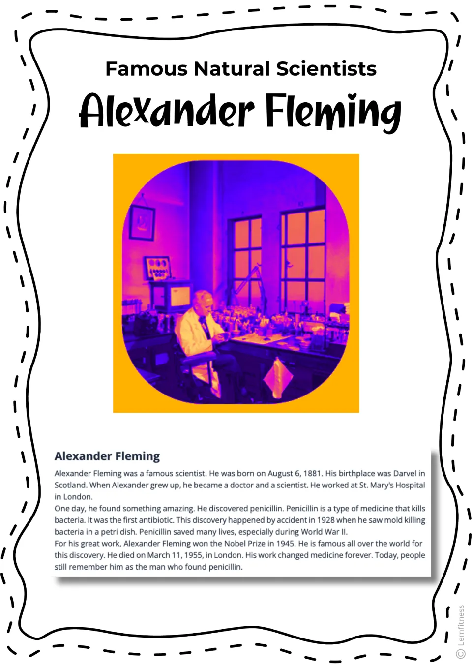 Fleming fact sheet in color: lab photo above a biography on his 1881 birth in Darvel, penicillin in 1928 and Nobel Prize