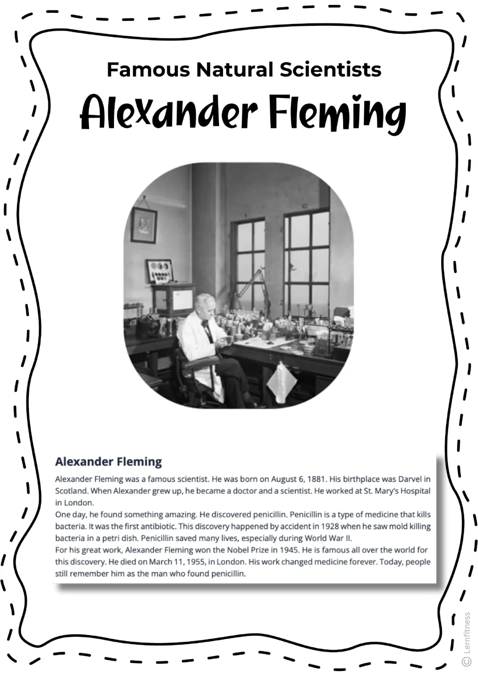 Grayscale Fleming fact sheet: lab photo and biography covering St. Mary's Hospital, mold killing bacteria and World War II