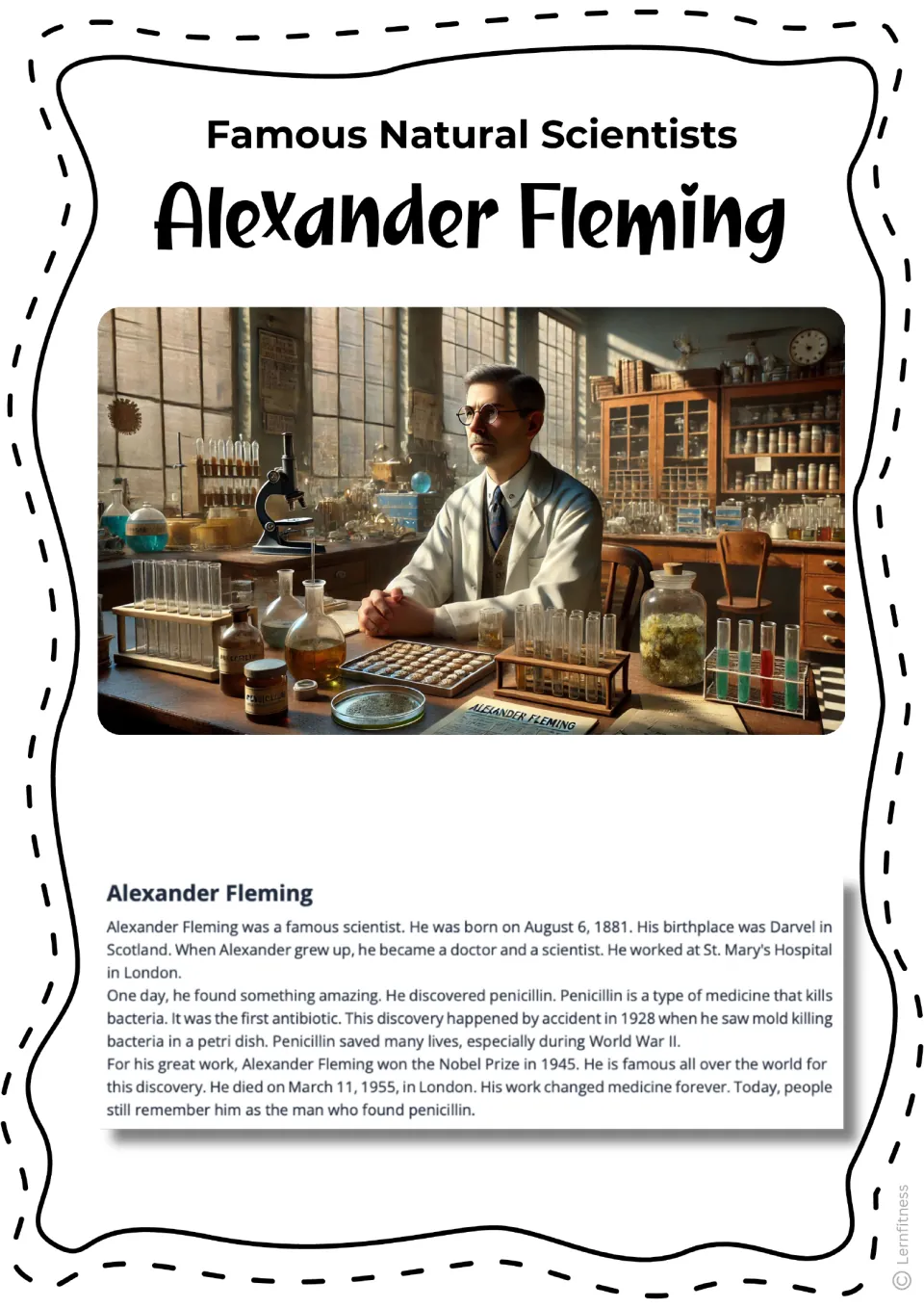 Fleming fact sheet: color illustration of a scientist at a lab bench, with a biography on penicillin, the first antibiotic