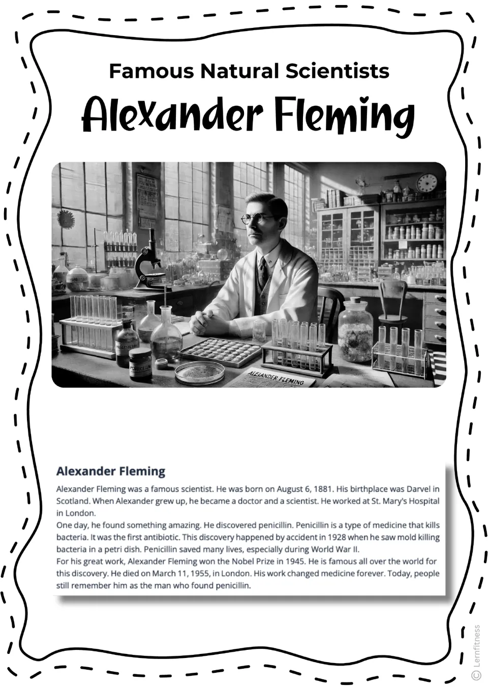 Black-and-white illustrated fact sheet: scientist at a lab desk with test tubes, plus Fleming's life from 1881 to 1955