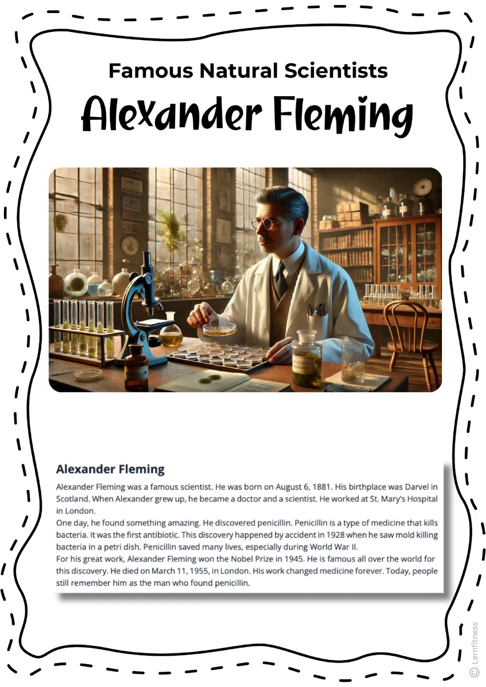Color fact sheet: scientist examining a petri dish beside a microscope, with Fleming's life story and 1945 Nobel Prize