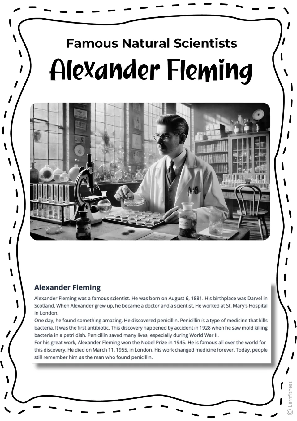 Grayscale petri dish fact sheet: scientist at a microscope, with a biography of how Fleming discovered penicillin