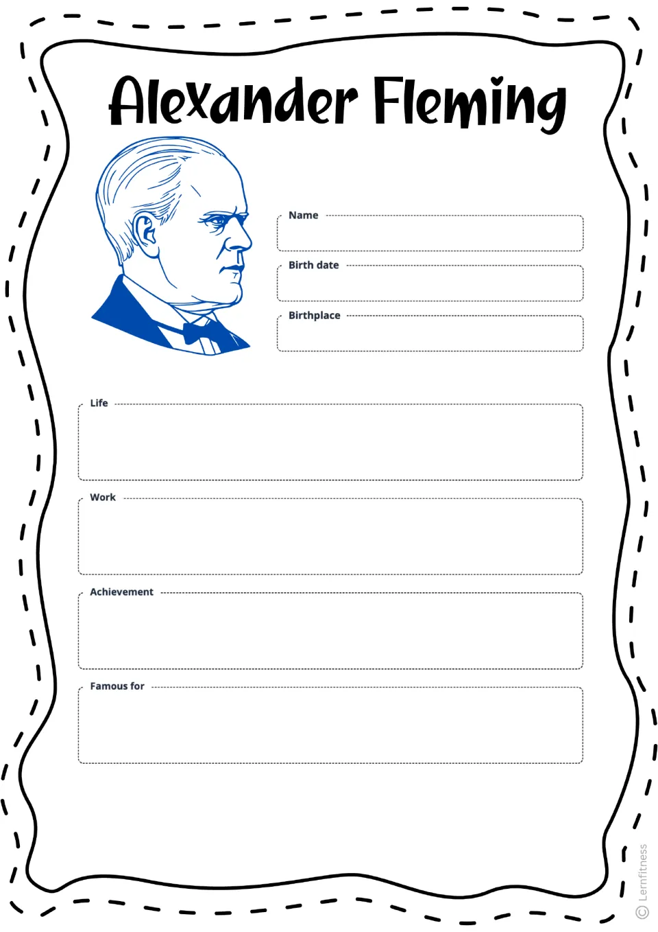 Blank Fleming profile: students fill in name, birth date, birthplace, life, work, achievement and famous for after reading