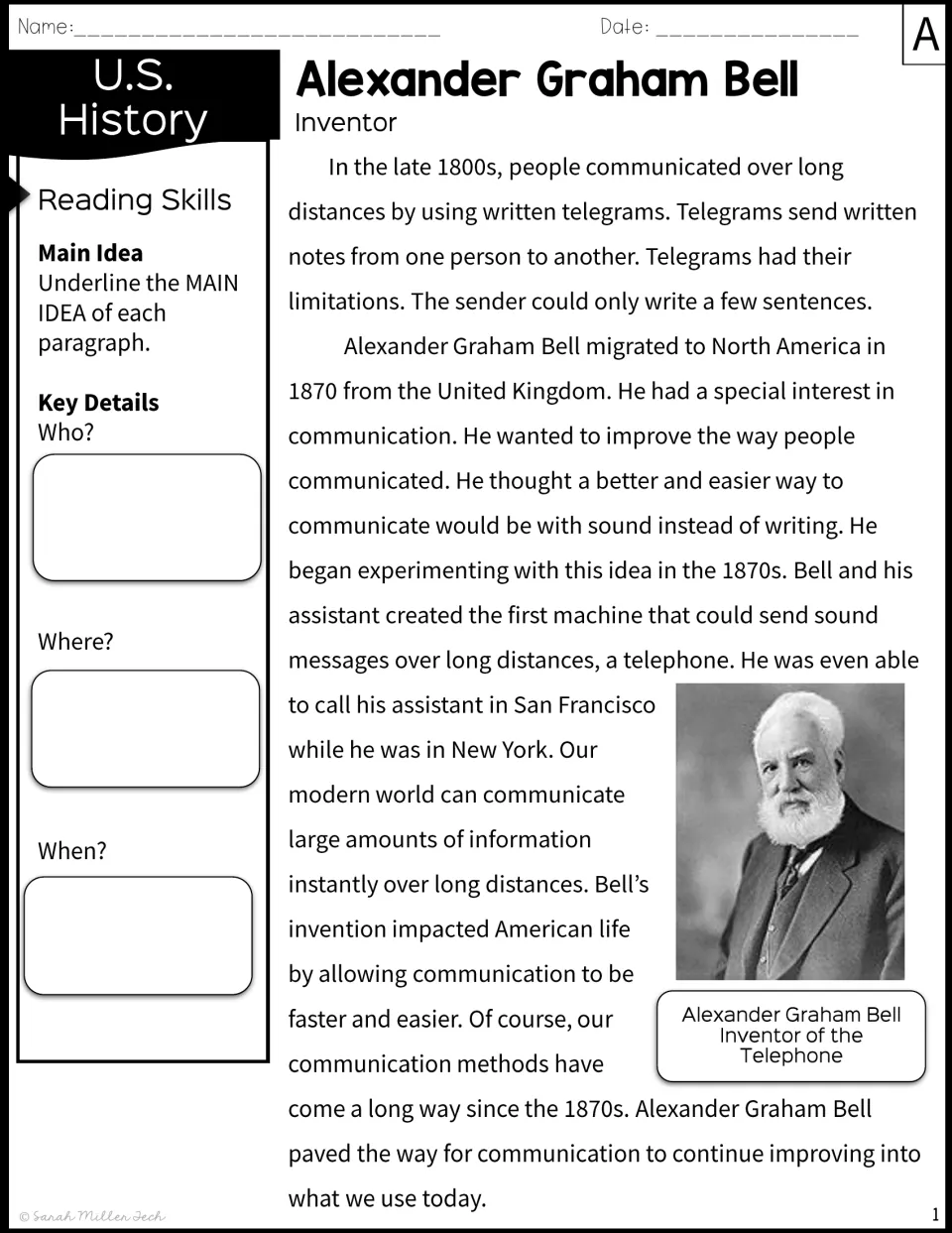 Bell the inventor, version A: students read about telegrams and the telephone, underline main ideas, note who, where, when