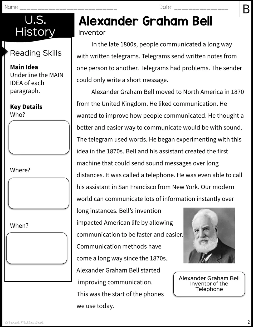 Bell passage, reworded version B: students underline each main idea and record who, where and when details