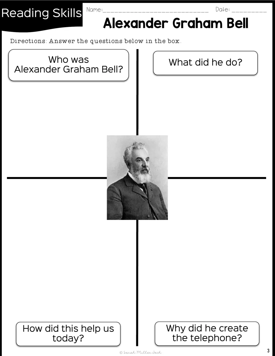 Bell four-square organizer: students answer who he was, what he did, why he made the telephone and how it helps today