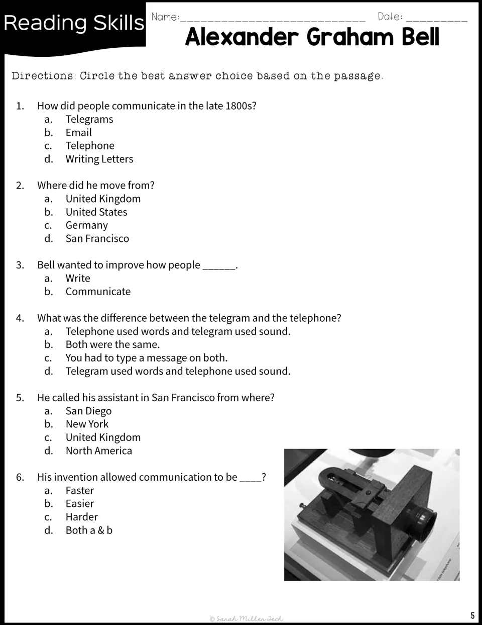 Bell comprehension quiz, questions 1-6: students circle answers on telegrams, his move from the UK and his first call