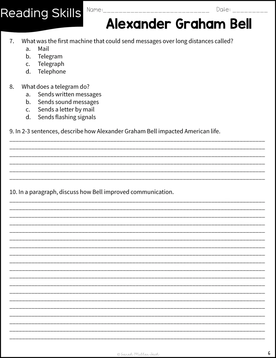 Comprehension questions 7-10: multiple choice on the telegram and telephone, then short and paragraph written responses