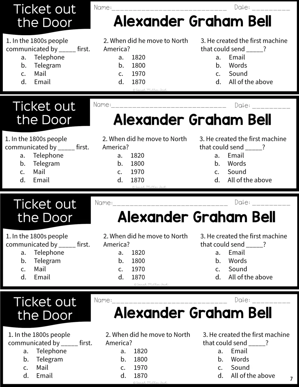 Exit tickets, four per page: three multiple-choice questions on 1800s communication, when Bell moved and sending sound