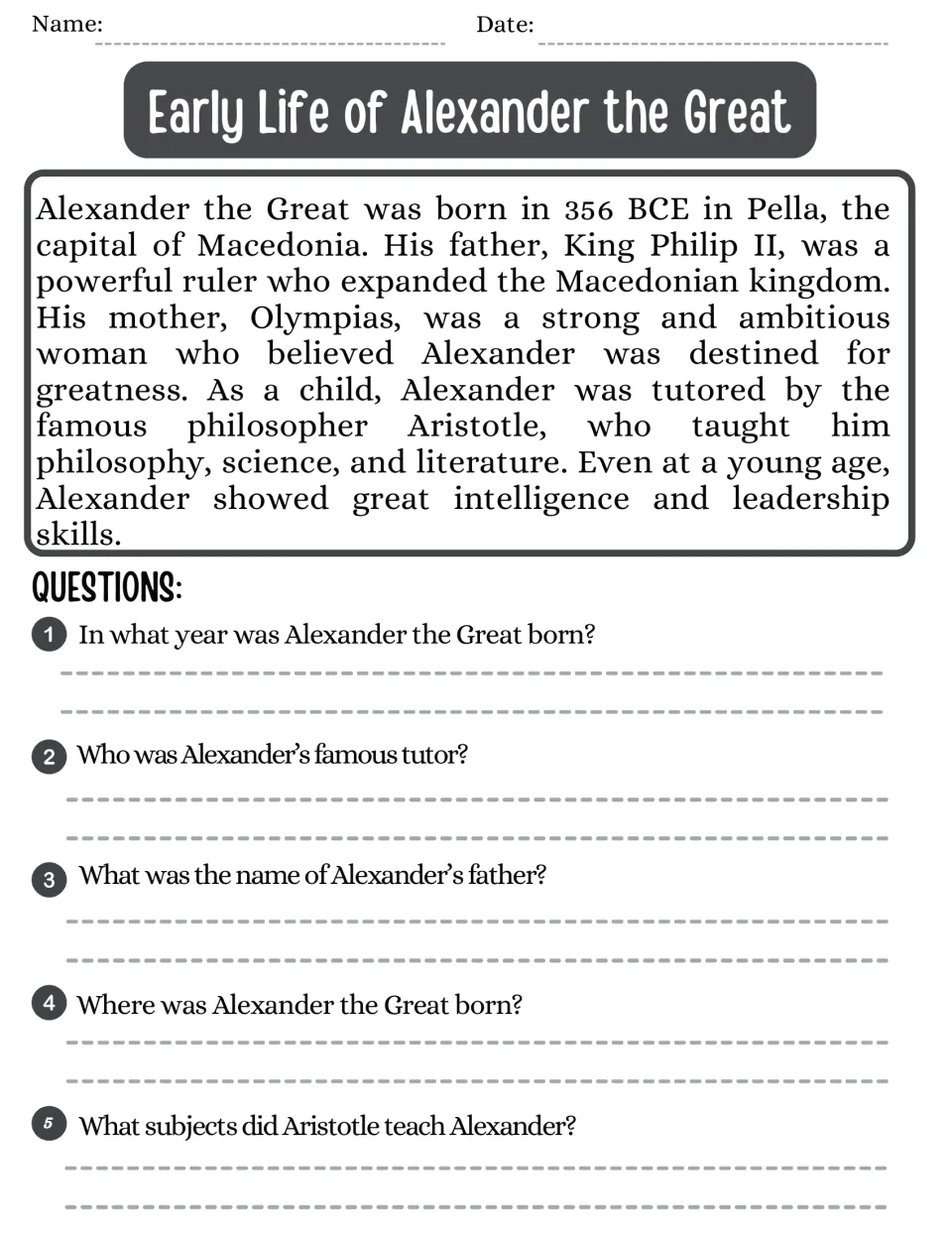 Early Life of Alexander the Great: students read about his birth in Pella and tutor Aristotle, then answer 5 questions