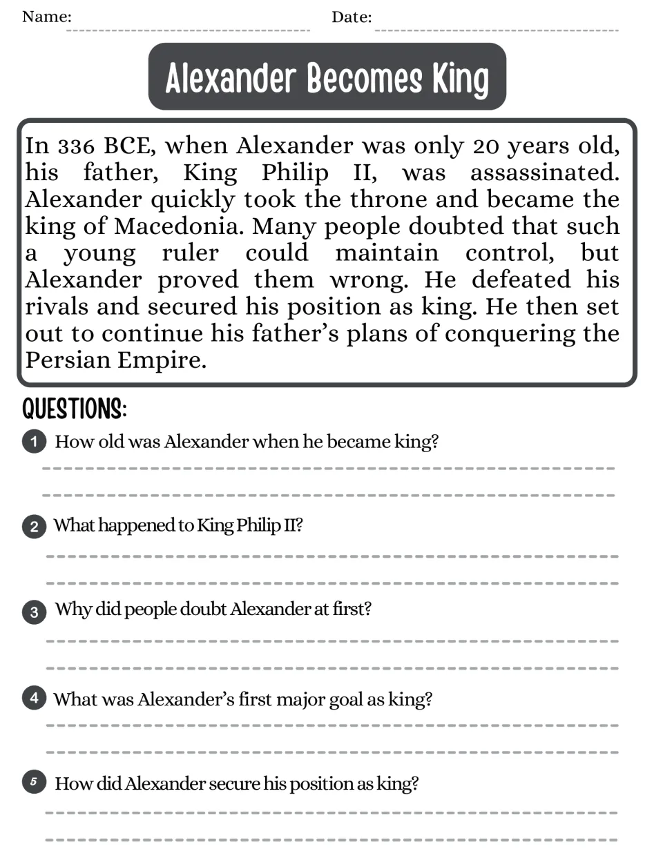 Alexander Becomes King: passage on Philip II's assassination in 336 BCE, then students answer 5 comprehension questions