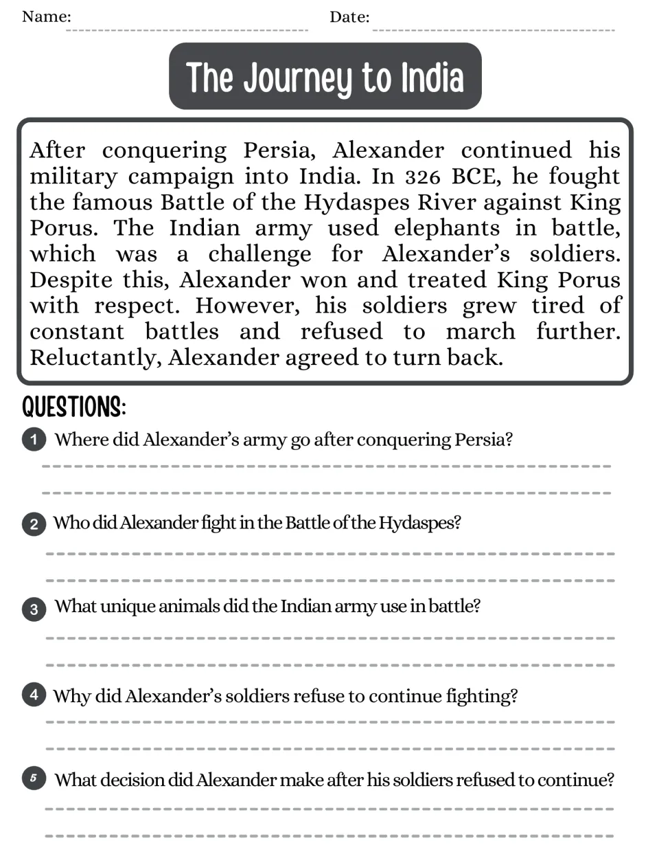 The Journey to India: passage on the Battle of the Hydaspes, King Porus and war elephants, with 5 short-answer questions