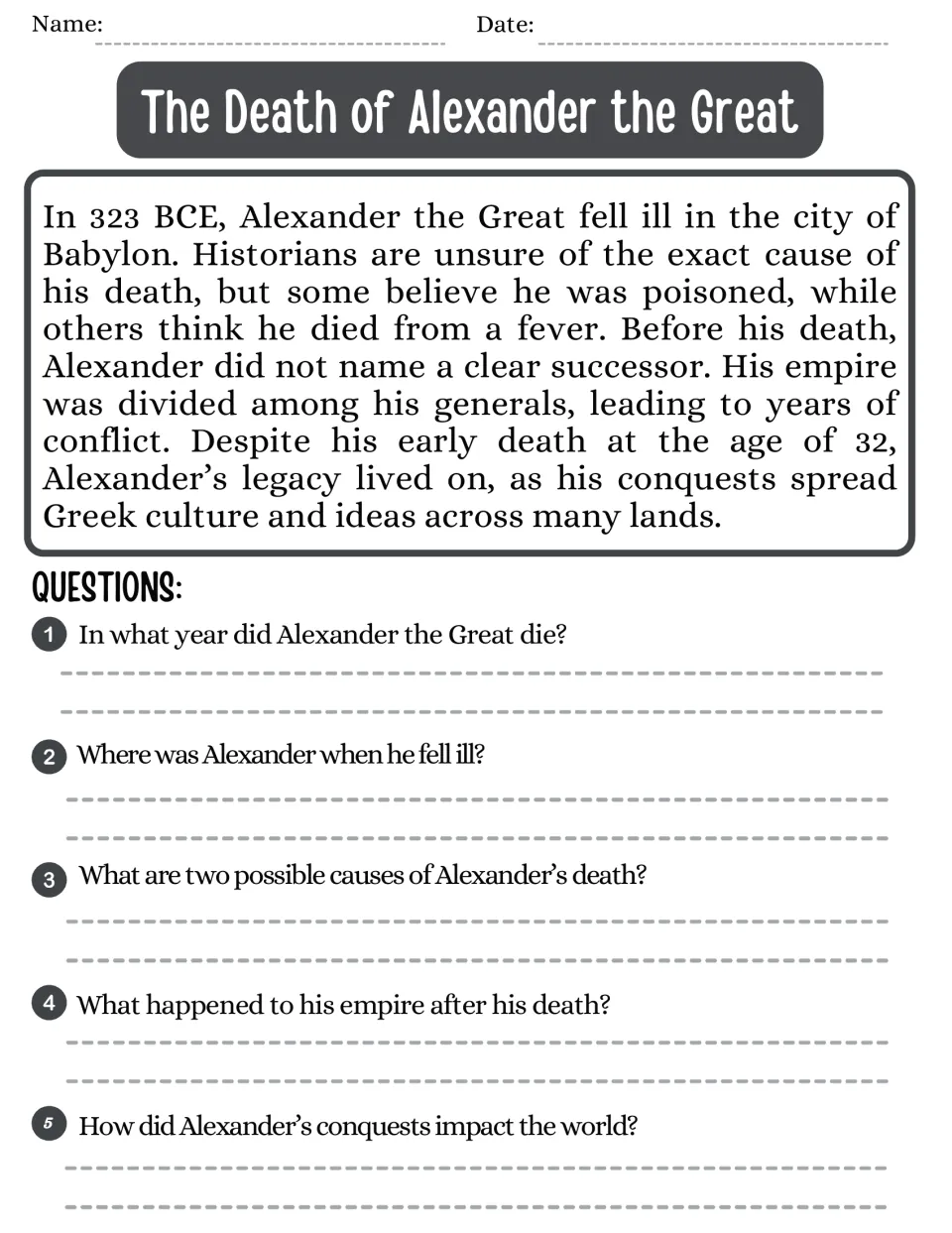 The Death of Alexander: students read about his death in Babylon in 323 BCE and his legacy, then answer 5 questions