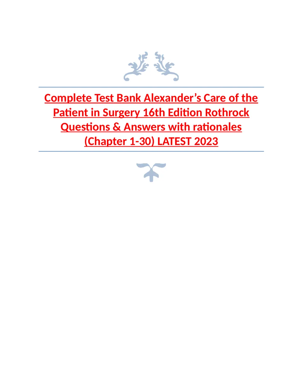 Test bank cover for Alexander’s Care of the Patient in Surgery, 16th Edition, listing chapters 1–30