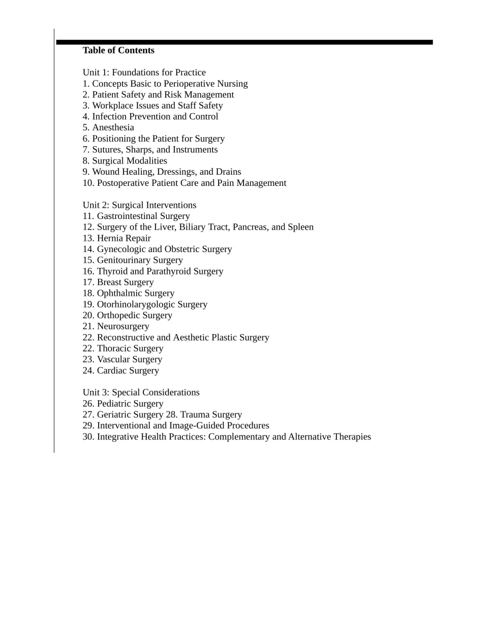 Test bank contents listing foundations for practice, surgical interventions, and special considerations