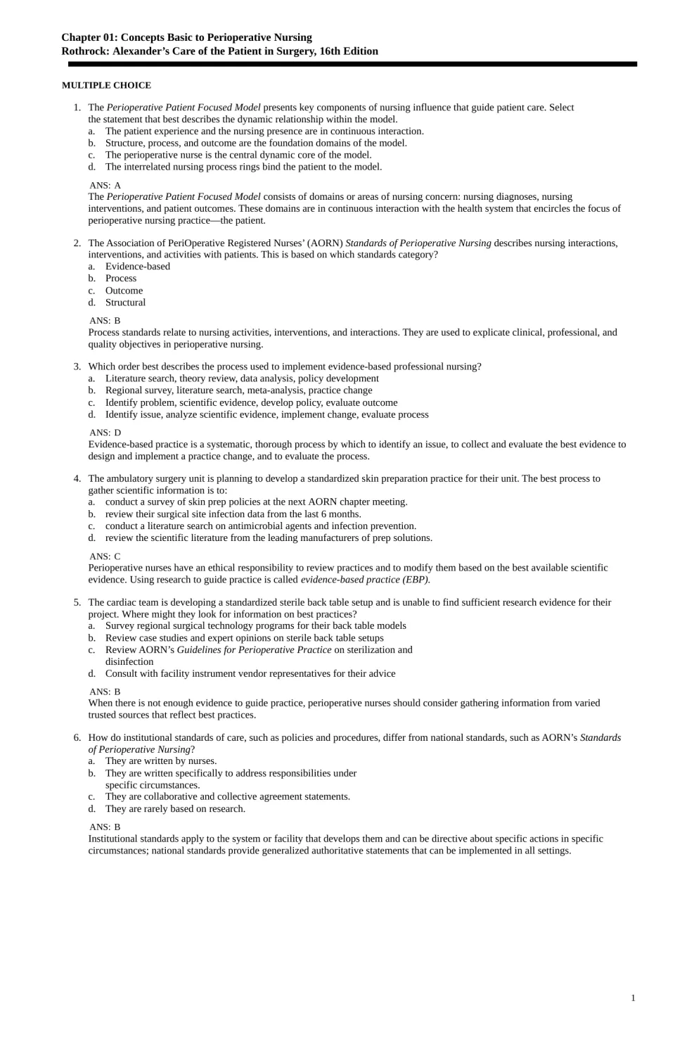 Chapter 1 questions 1–6 with answers and rationales on nursing models, standards, and evidence-based practice