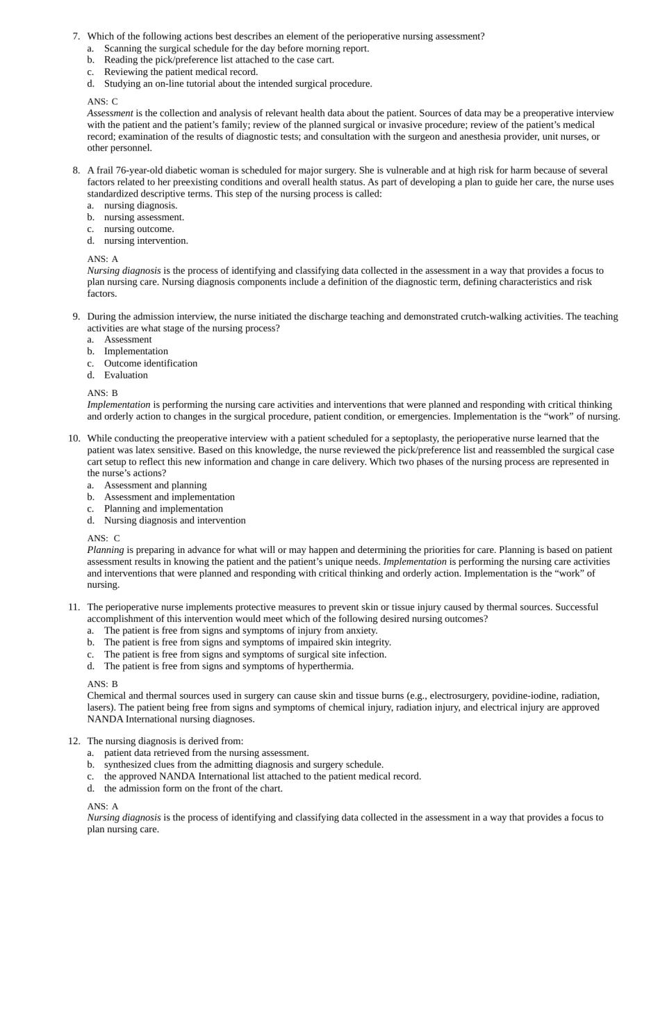 Chapter 1 questions 7–12 with answers and rationales on nursing assessment, diagnosis, and care planning