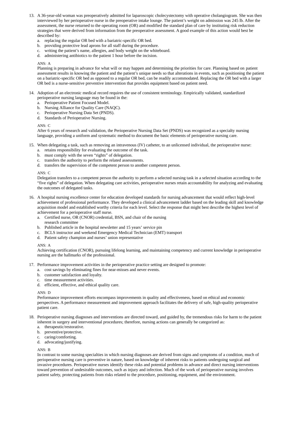 Chapter 1 questions 13–18 with answers and rationales on risk reduction, nursing language, and delegation