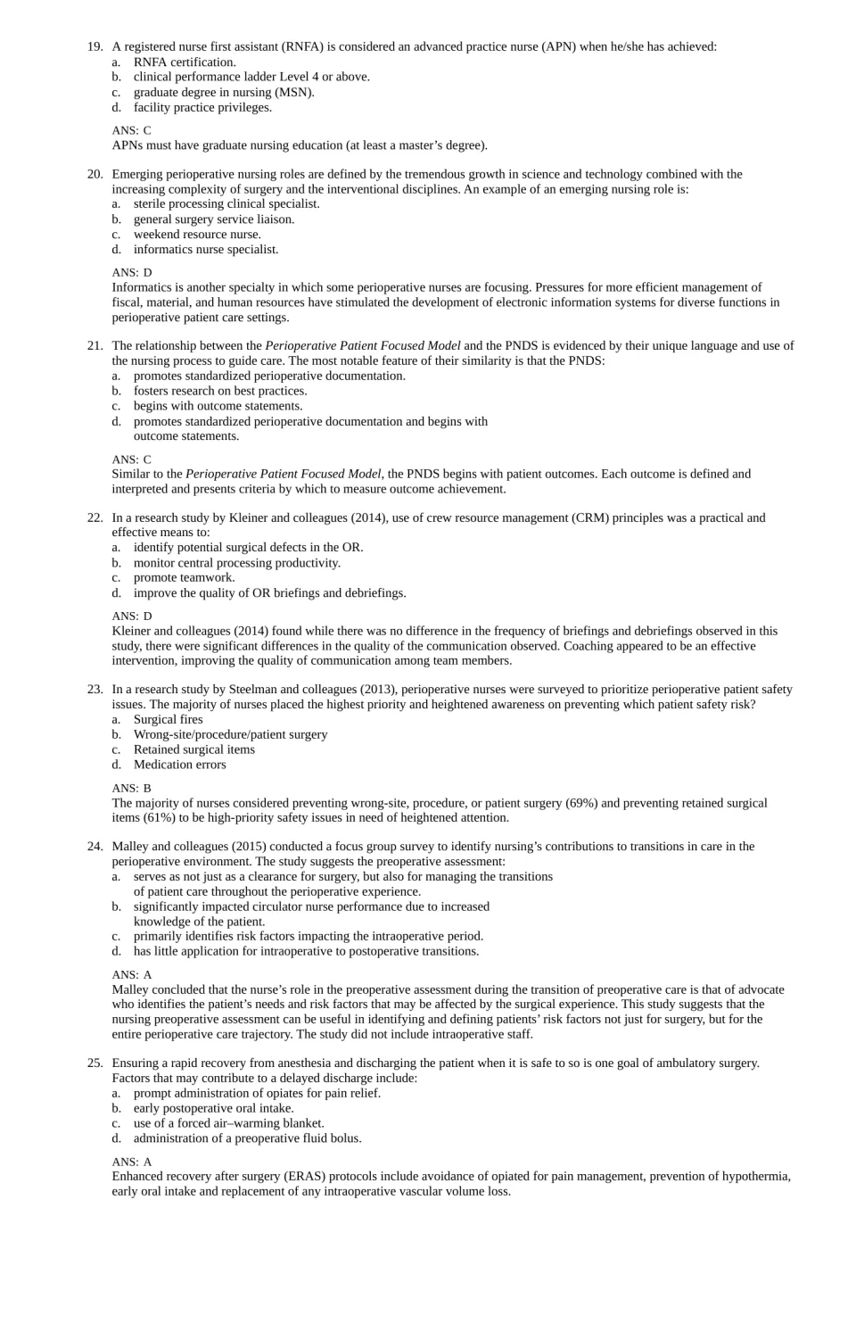 Chapter 1 questions 19–25 with answers and rationales on nursing roles, patient safety, and recovery