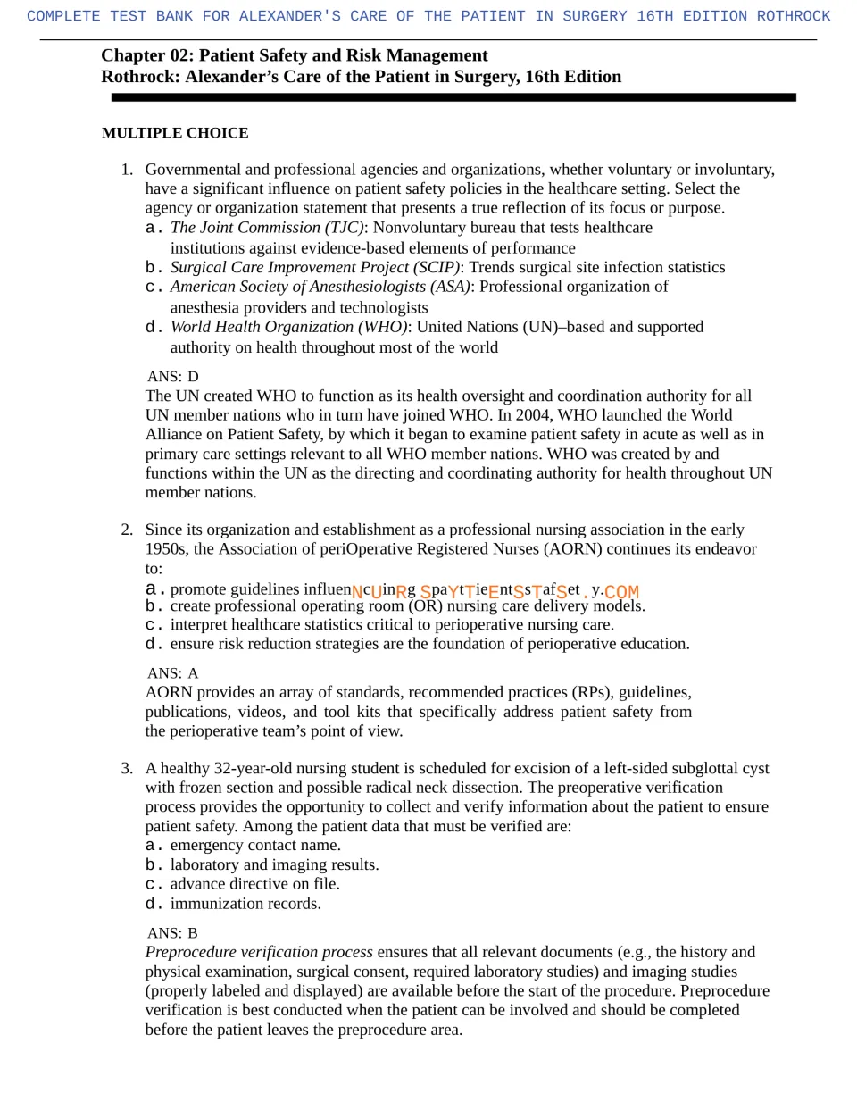 Chapter 2 questions 1–3 with answers and rationales on patient safety organizations and preprocedure checks
