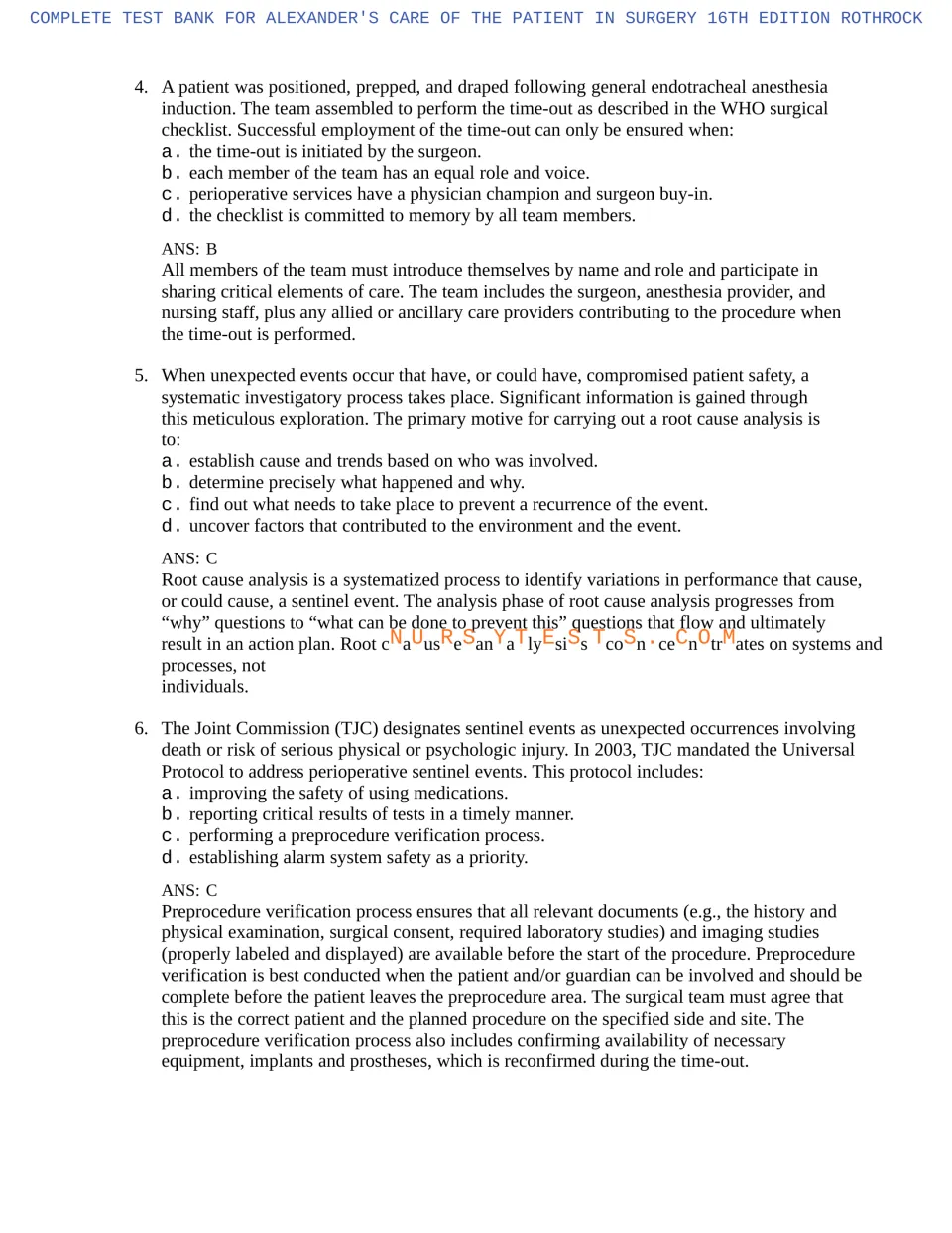 Chapter 2 questions 4–6 with answers and rationales on surgical time-outs, root cause analysis, and protocol