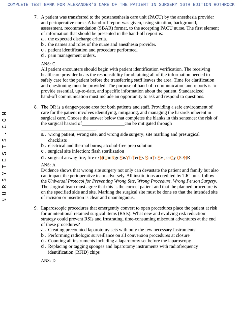 Chapter 2 questions 7–9 with answers on PACU handoffs, surgical hazards, and retained surgical items