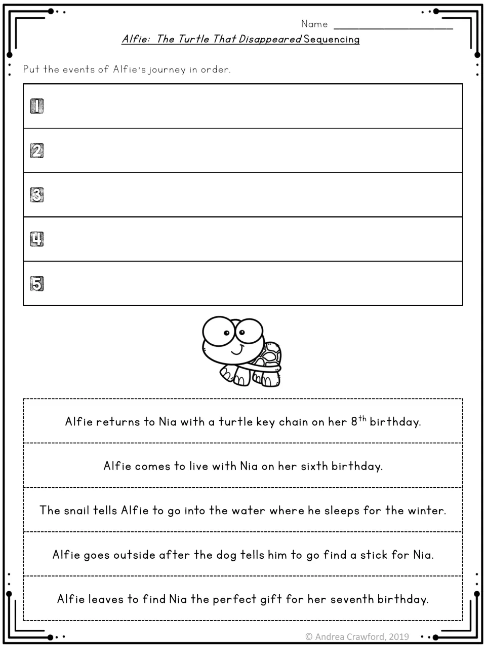 Sequencing: students cut five event strips from Alfie's journey, from Nia's sixth birthday to her 8th, and order them 1-5