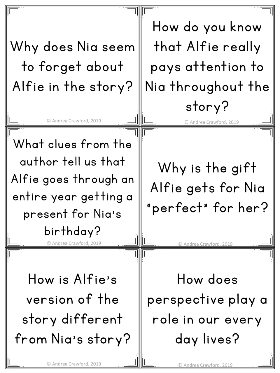 Question cards: six prompts on why Nia seems to forget Alfie, the perfect gift and the role of perspective