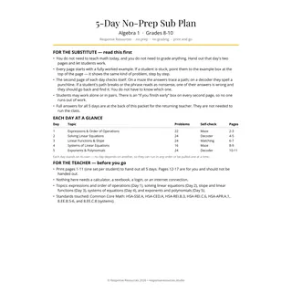 Algebra 1 Emergency Sub Plans - 5 Days Self-Checking Worksheets – sample page 2