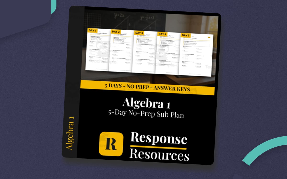 Algebra 1 Emergency Sub Plans cover showing five daily worksheet previews and answer-key banner