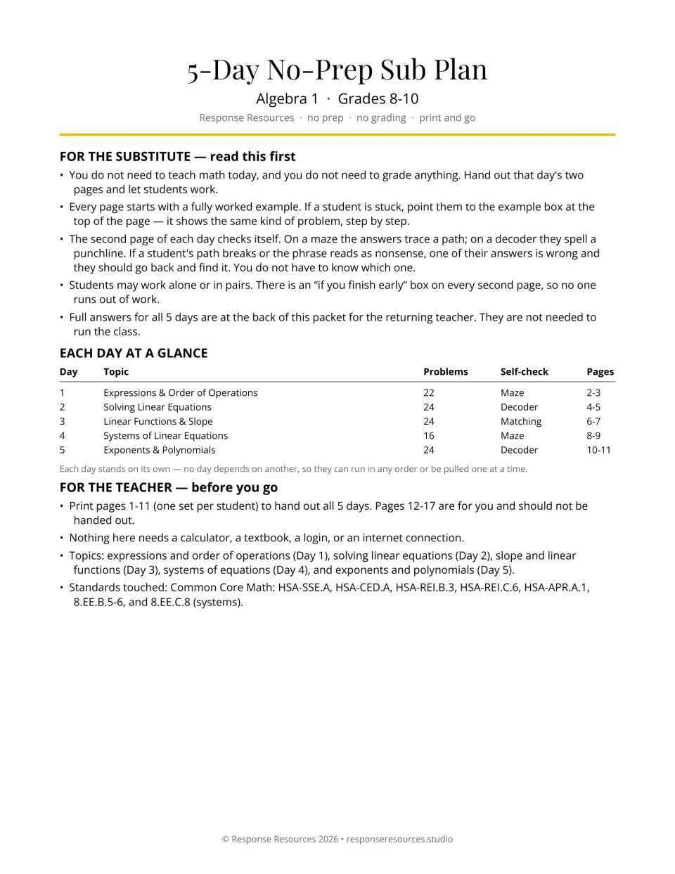 5-Day No-Prep Sub Plan for Algebra 1: substitute directions, a five-day topic table and teacher printing notes