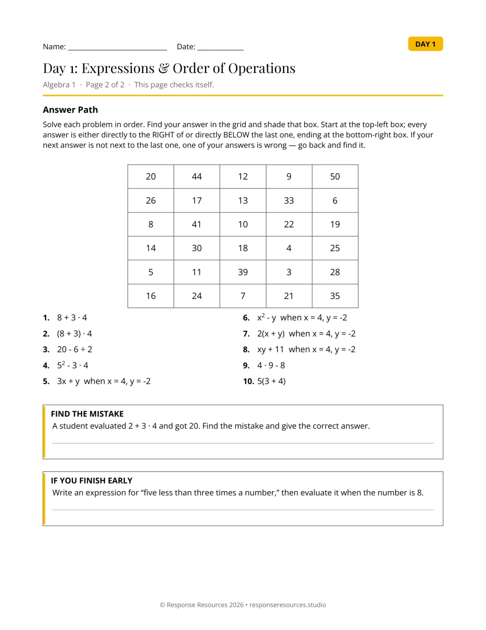 Order of operations answer path: students solve 10 problems and shade answers in a number grid to trace a path