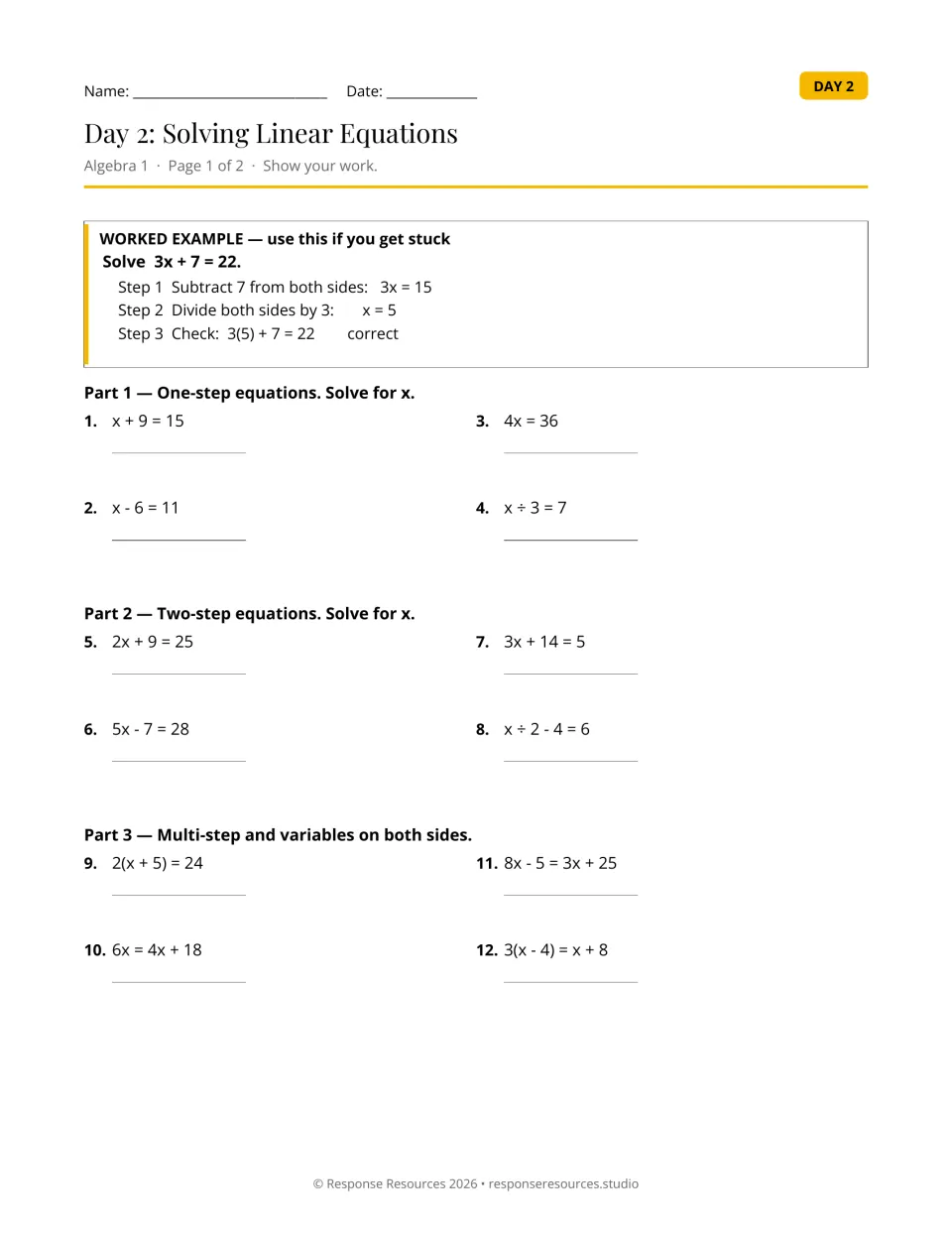 Day 2 linear equations: students isolate x in 12 problems, from x + 9 = 15 up to variables on both sides, 8x - 5 = 3x + 25