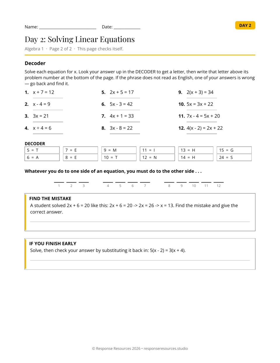 Linear equations decoder: students solve 12 equations for x and use a letter key to spell out a hidden phrase