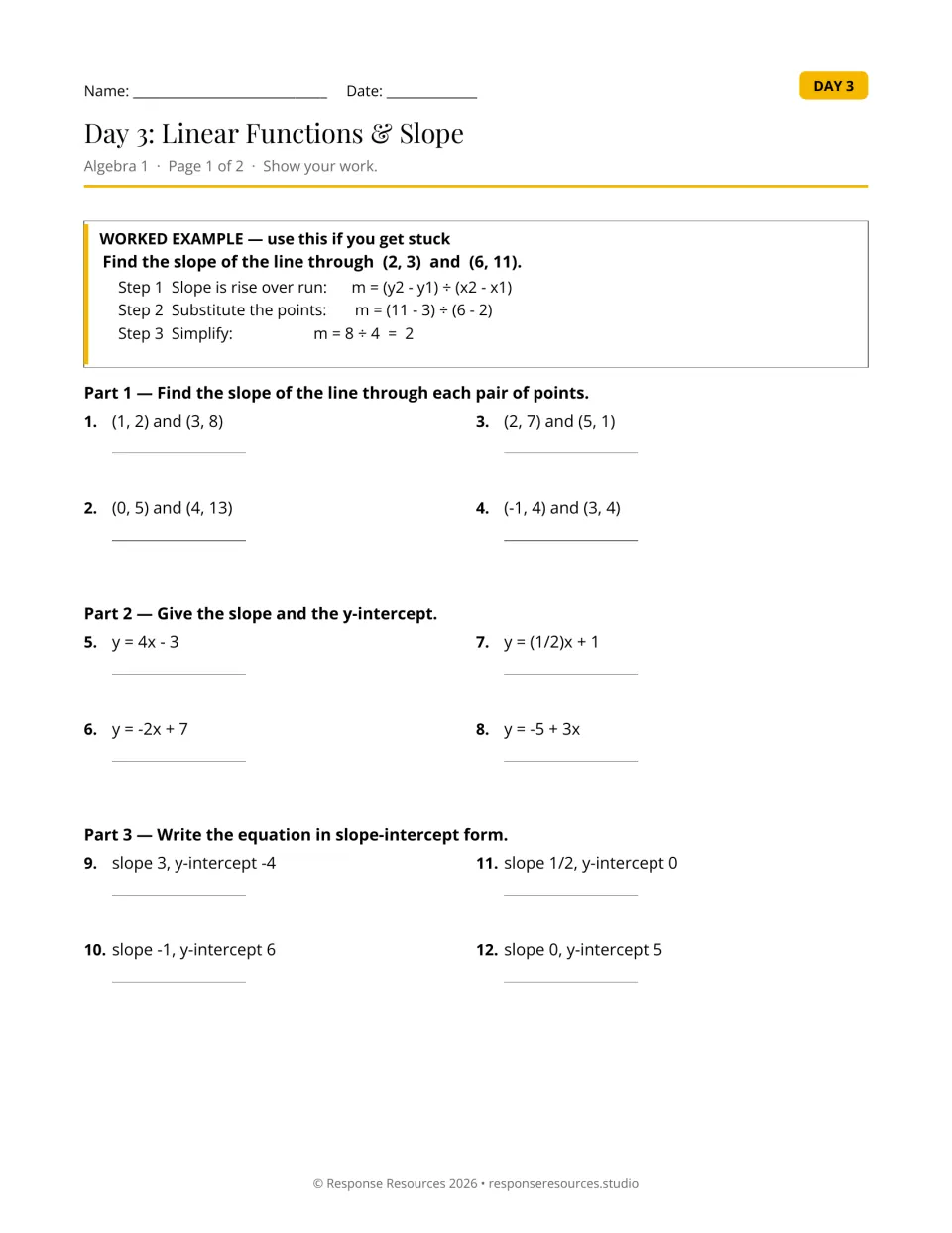 Slope and linear functions: students find slope from two points, read slope and y-intercept, write slope-intercept form