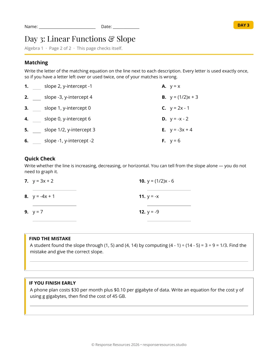 Slope matching: students pair 6 descriptions with equations, then label lines increasing, decreasing or horizontal