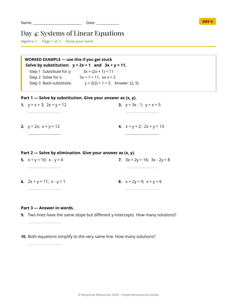 Systems of linear equations: students solve by substitution and elimination, then state how many solutions exist