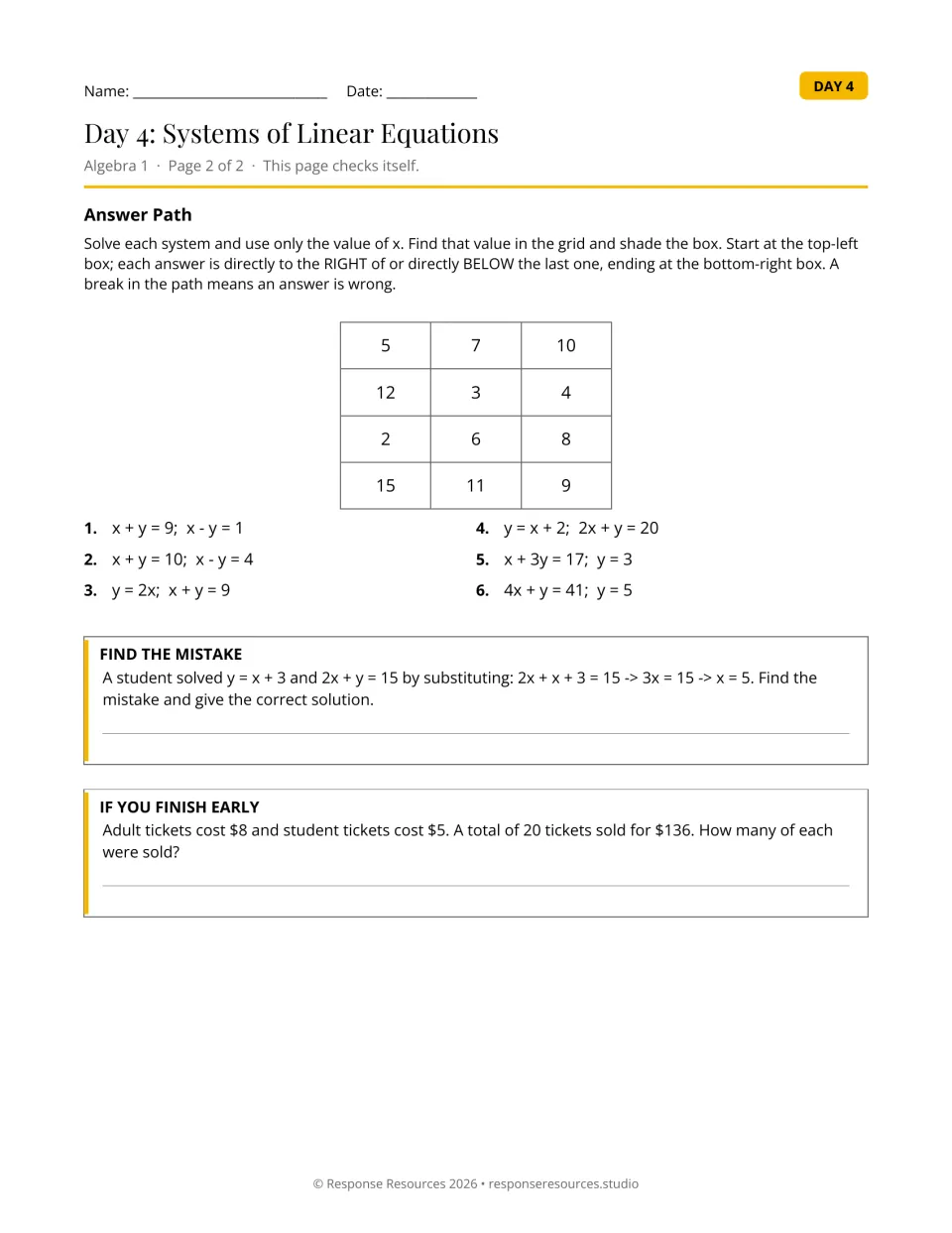 Systems answer path: students solve 6 systems, find each x-value in a number grid and shade a path to the corner